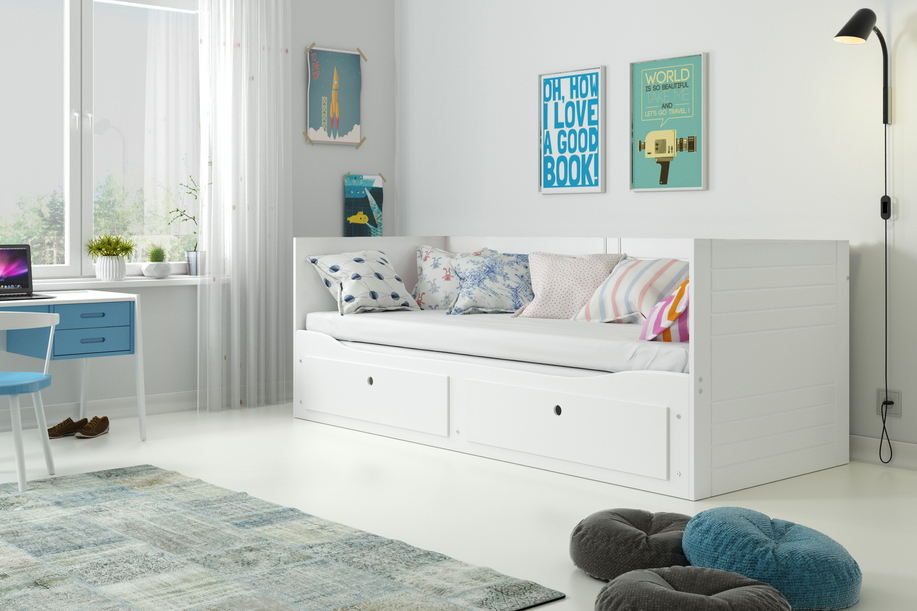 Ausziehbett für Jugendliche Tagesbett Hermes, 80X200, mit Matratze und Schublade, weiß