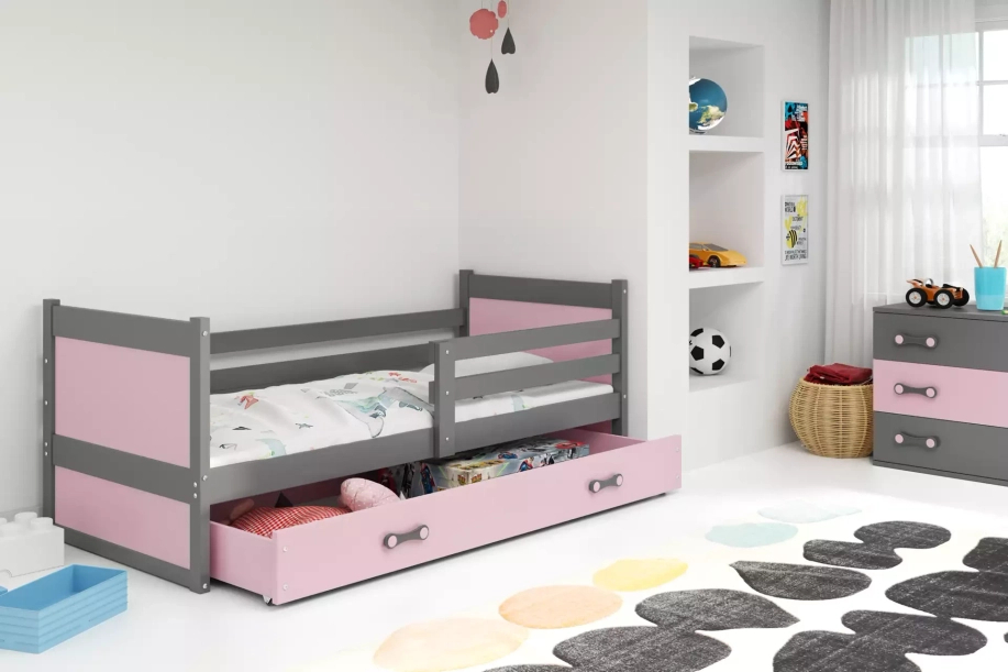 Jugendbett Richard, 90x190, mit Matratze und Schublade, grau/rosa