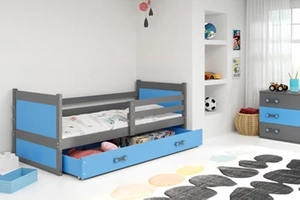 Jugendbett Richard, 90x200, mit Matratze und Schublade, grau/blau