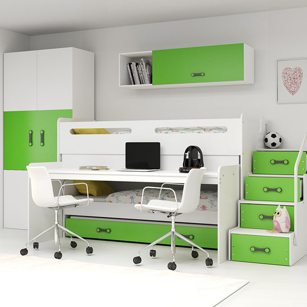 Hochbett für drei Personen Max 1, 80x200, mit Schreibtisch, grün