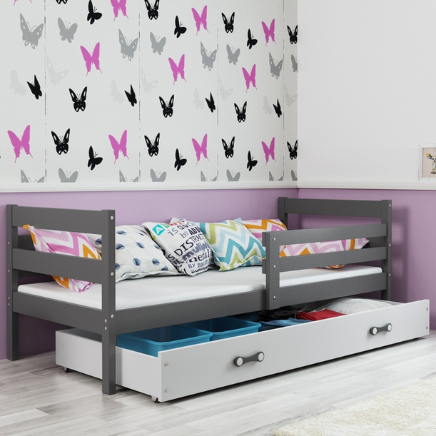 Jugendbett Erik, 90x190, mit Matratze und Schublade, grau/weiß