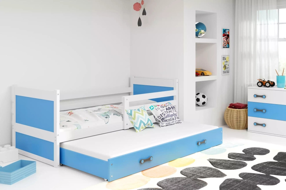 Ausziehbett für Jugendliche Richard, 90x200, mit Schublade, weiß/blau