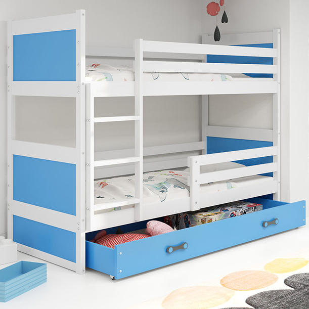 Stockbett für Jugendliche Richard, 90x200, mit Matratze und Schublade, weiß/blau