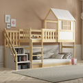 Hochbett-Haus mit Treppe und Dach – Galerie aus Naturholz 90x200