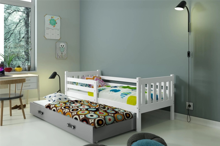 Ausziehbett für Jugendliche Lieb, 90x190, mit Schublade, weiß/grau