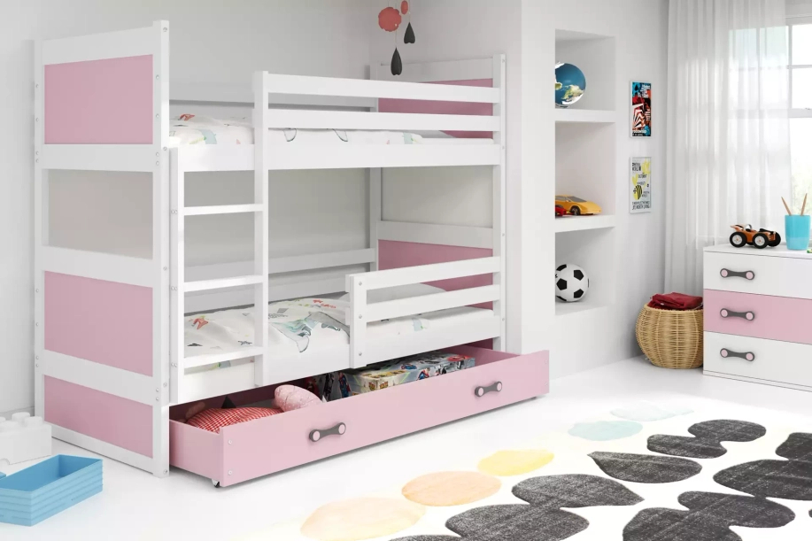 Stockbett für Jugendliche Richard, 90x190, mit Matratze und Schublade, weiß/rosa