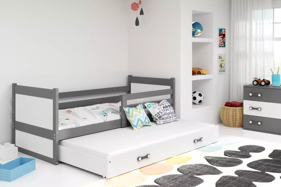 Ausziehbett für Jugendliche Richard, 90x190, mit Matratze und Schublade, grau/weiß