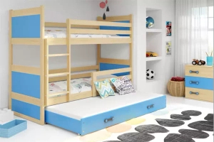 Etagenbett für drei Personen Richard, 90x190, mit Matratze und Schublade, Kiefer/blau