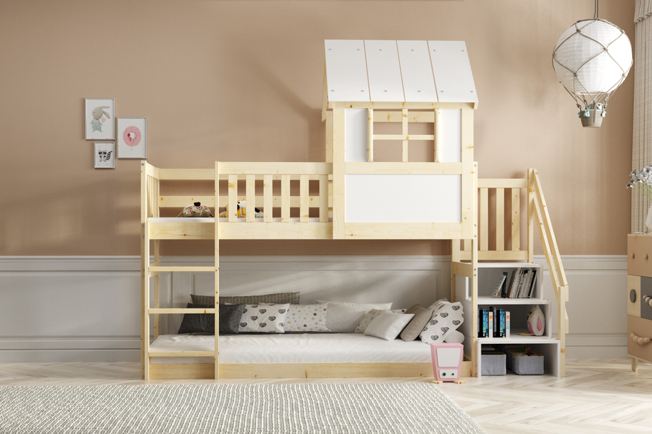 Hochbett-Haus mit Treppe und Dach – Galerie aus Naturholz 90x200
