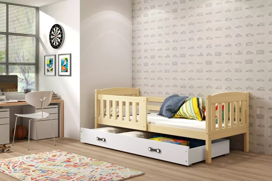Jugendbett Jakob, 90x190, mit Matratze und Schublade, Kiefer/weiß
