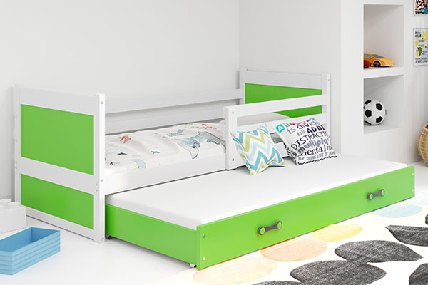 Ausziehbett für Jugendliche Richard, 90x200, mit Matratze und Schublade, weiß/grün
