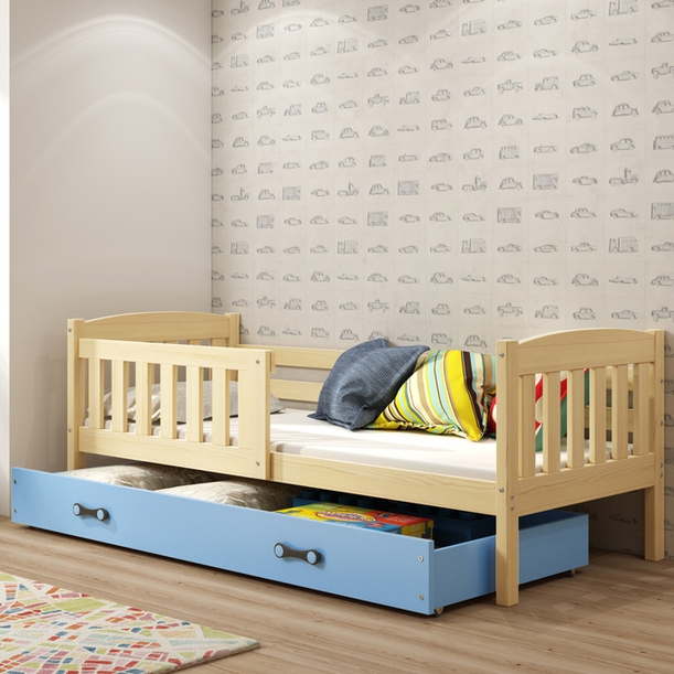 Jugendbett Jakob, 90x190, mit Schublade, Kiefer/blau