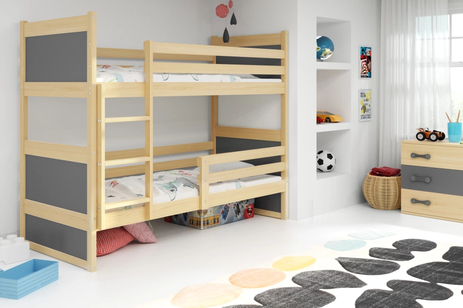 Stockbett für Jugendliche Richard, 90x200, mit Matratze, Kiefer/grau