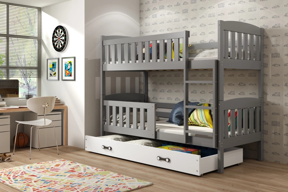 Stockbett für Jugendliche Jakob, 90x190, mit Matratze und Schublade, grau/weiß