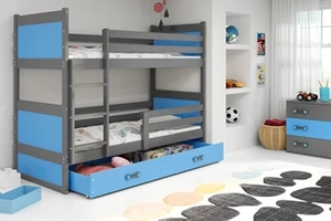 Stockbett für Jugendliche Richard, 90x200, mit Matratze und Schublade, grau/blau